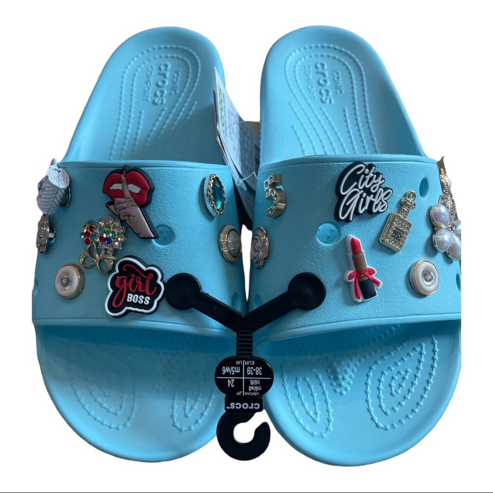 Crocs Classic  Slides Ice Blue Woman Sz 8  Slippers With 16  Charms Sand…